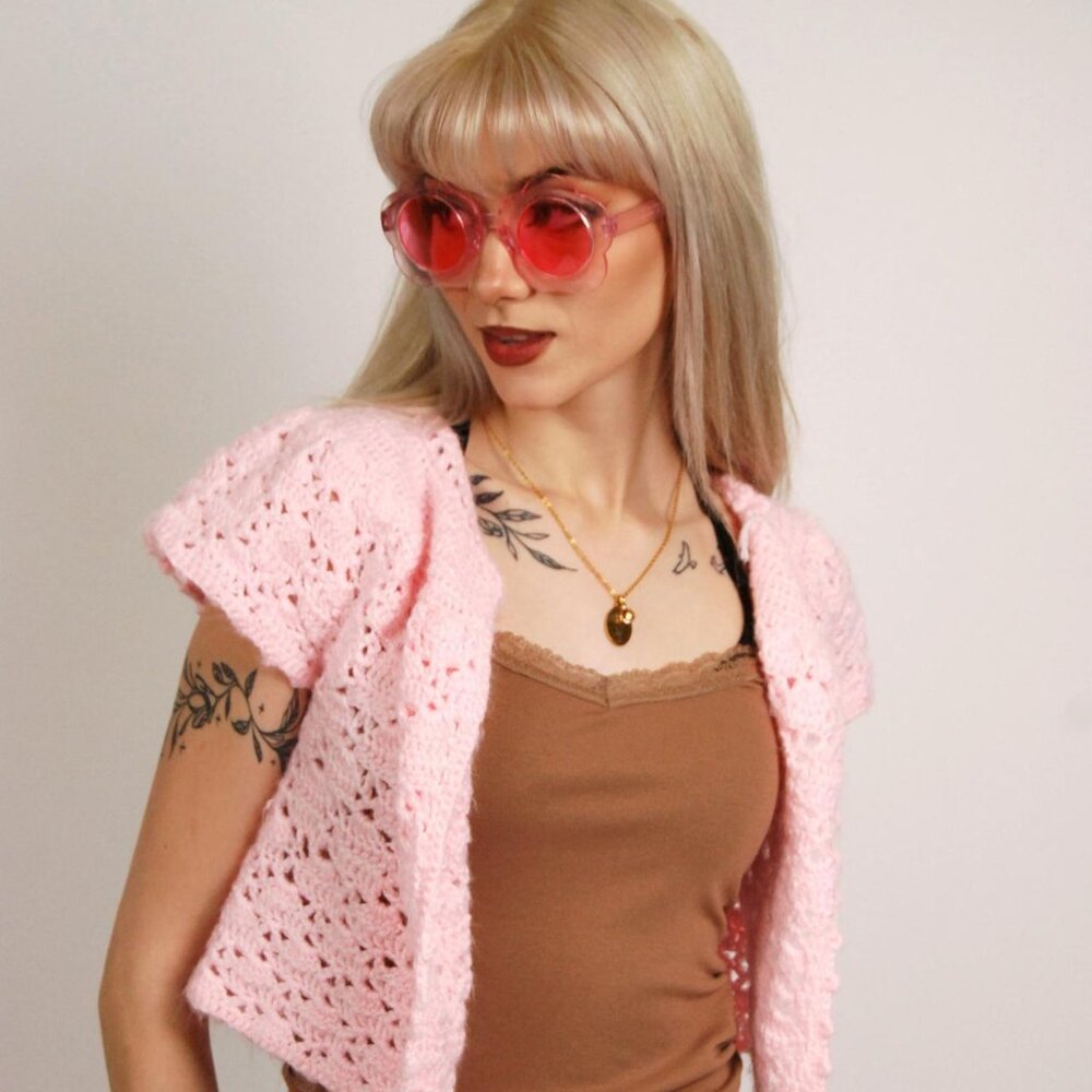 Vintage Crochet Cardigan (XS-M) baby pink open top - Picture 5 of 8